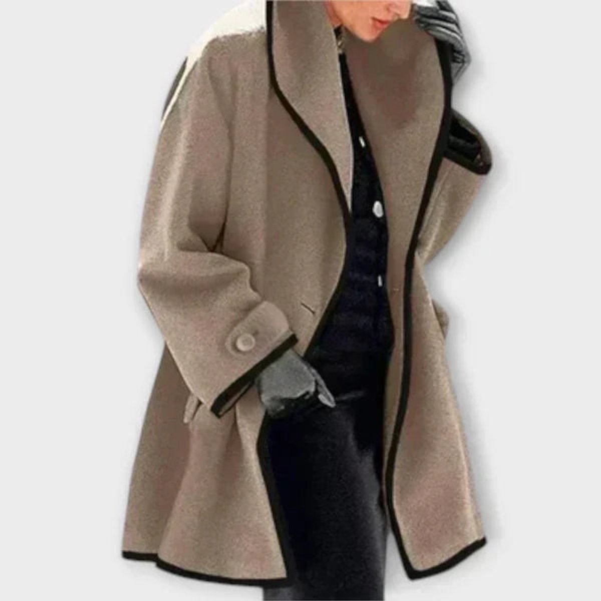 Women's Loose-Fit Wool-Blend Contrast-Trim Coat – Khaki
