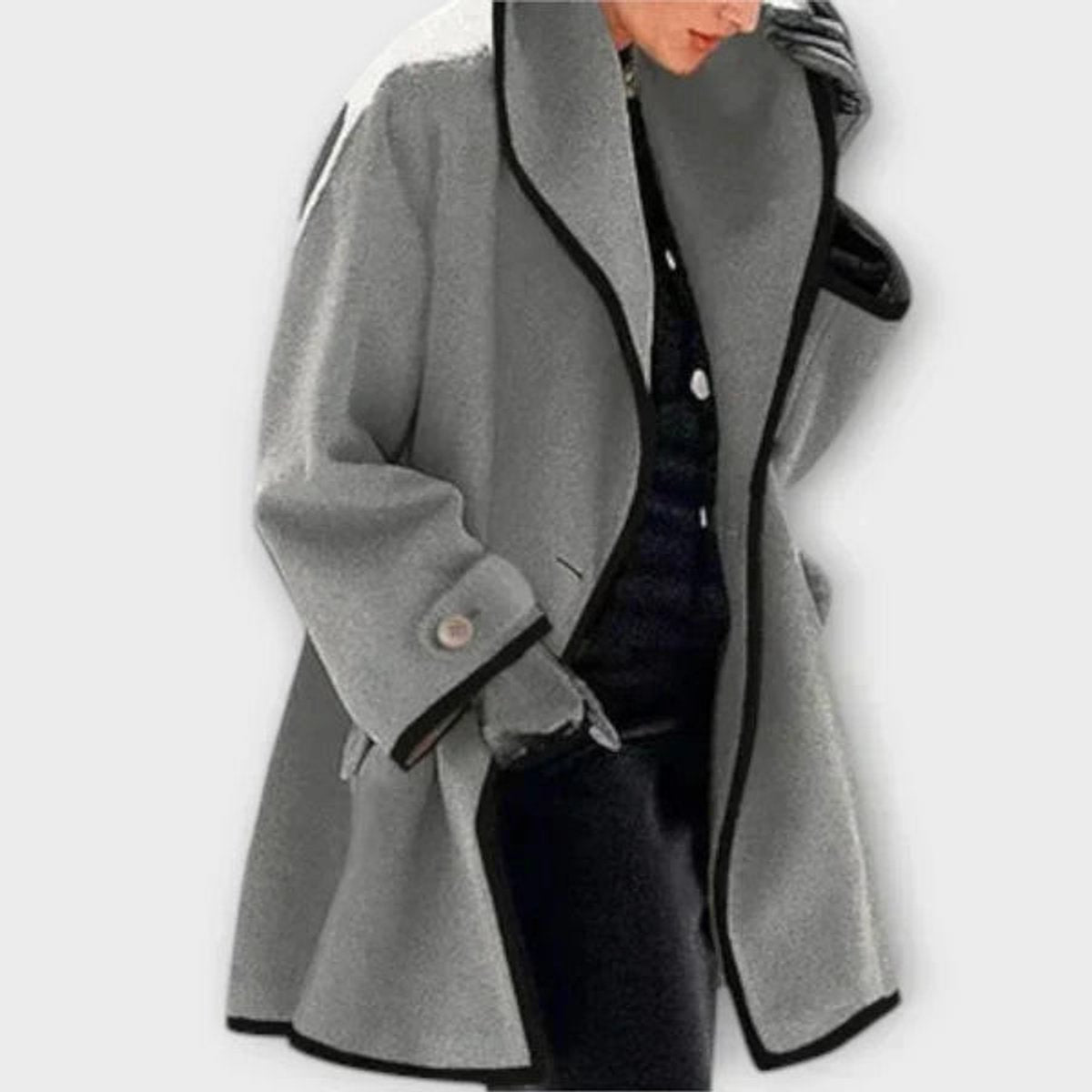 Women's Loose-Fit Wool-Blend Contrast-Trim Coat – Gray