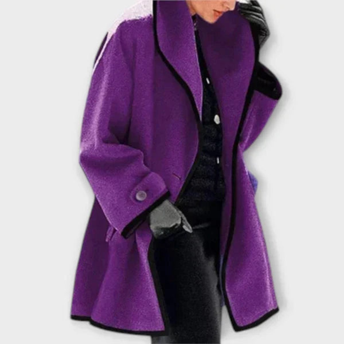 Women's Loose-Fit Wool-Blend Contrast-Trim Coat – Purple