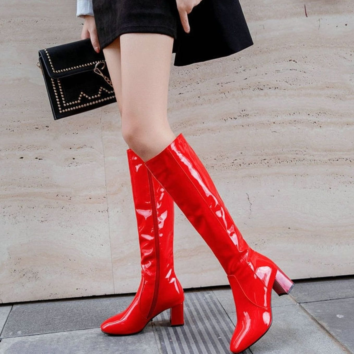 Women's High-Gloss Patent Knee-High Boots for Layering – Red