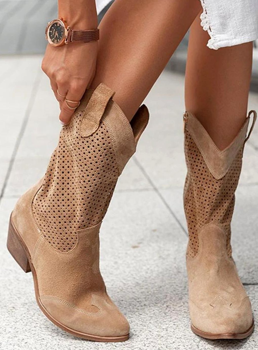 Women's Perforated Suede-Finish Western Boots with Pointed Toe – view 1