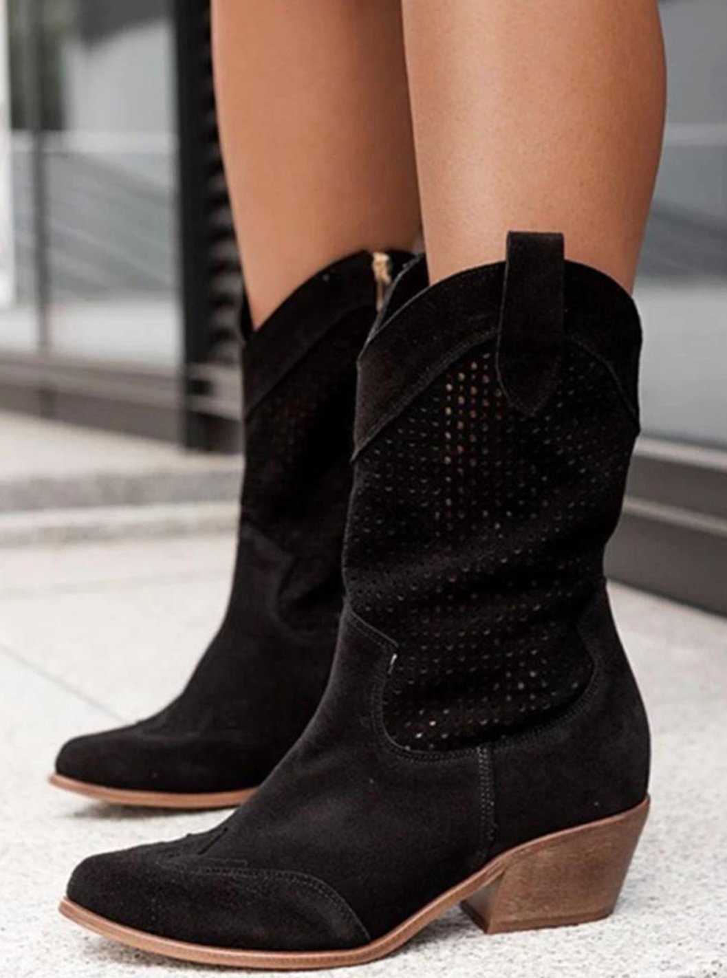 Women's Perforated Suede-Finish Western Boots with Pointed Toe – Black