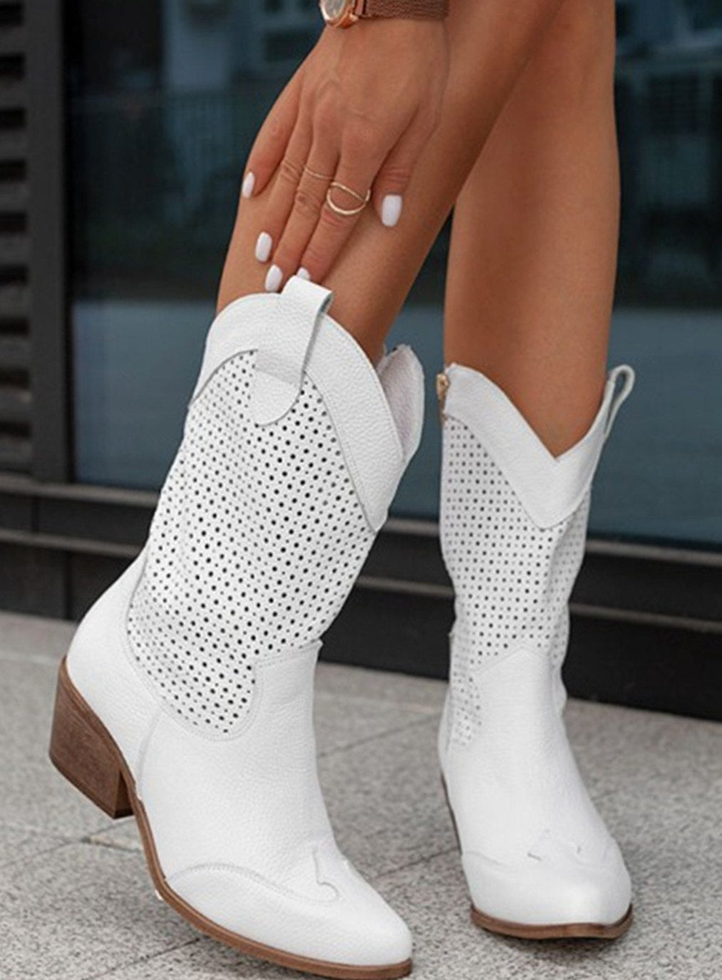 Women's Perforated Suede-Finish Western Boots with Pointed Toe – White
