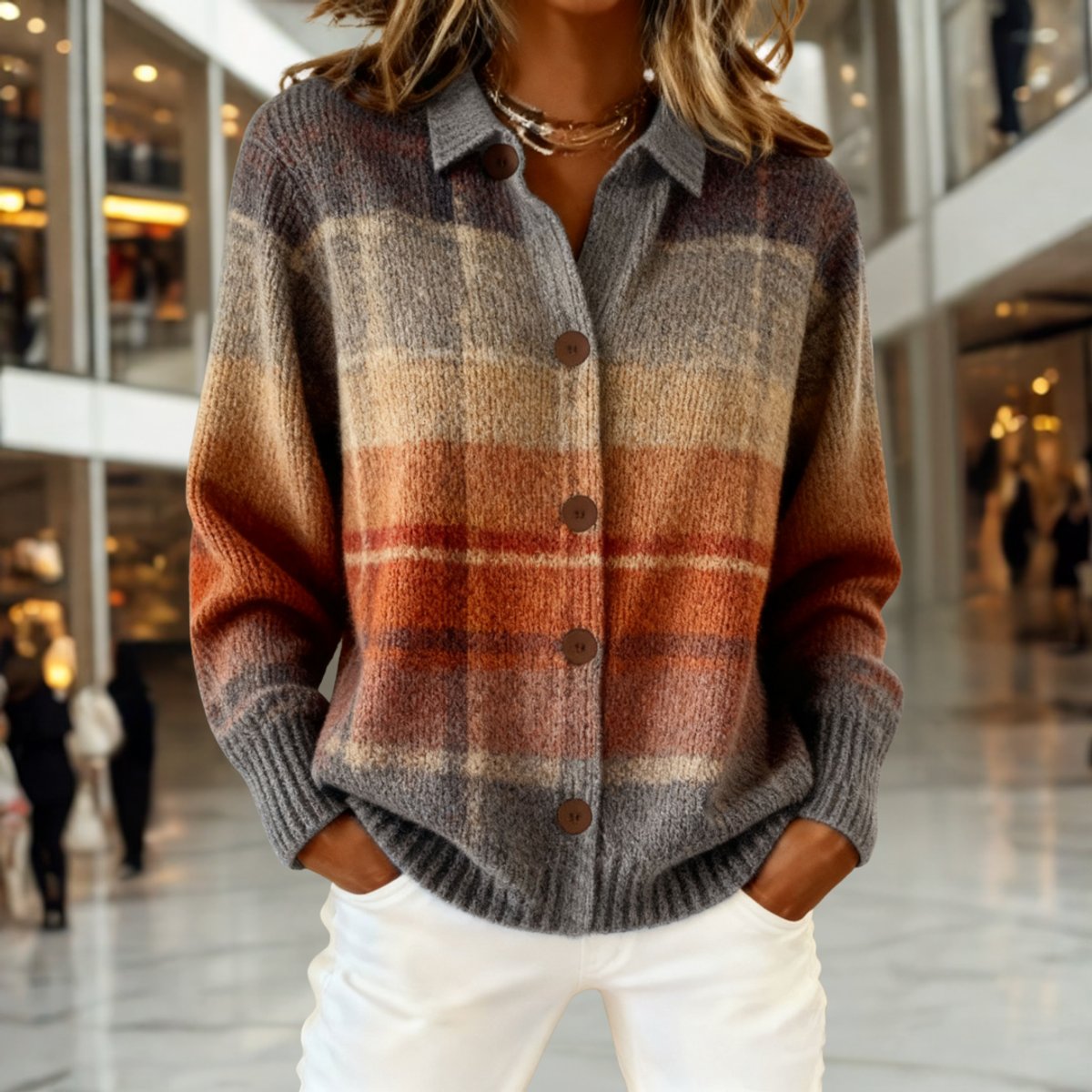 Women's Ombre Plaid Collar-Detail Button-Front Knit Cardigan – Multicolor
