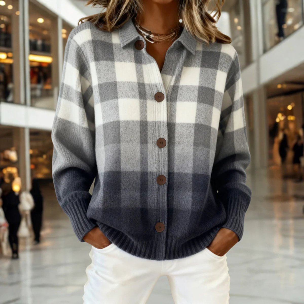 Women's Buffalo Plaid Ombre Button-Front Knit Cardigan for Work – Multicolor