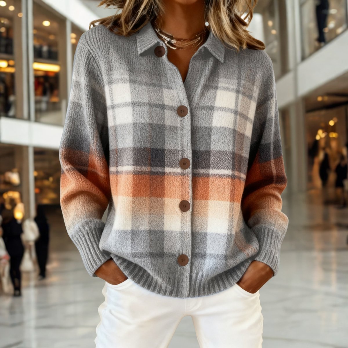 Women's Plaid Collar-Detail Button-Front Knit Cardigan – Multicolor