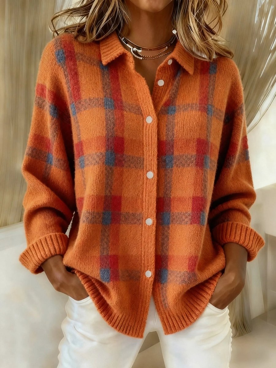 Women's Plaid Knit Button-Up Loose-Fit Knit Cardigan – Orange