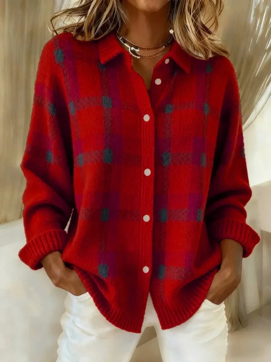 Women's Plaid Knit Button-Up Loose-Fit Knit Cardigan – Red