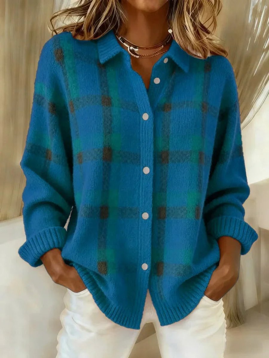 Women's Plaid Knit Button-Up Loose-Fit Knit Cardigan – Blue