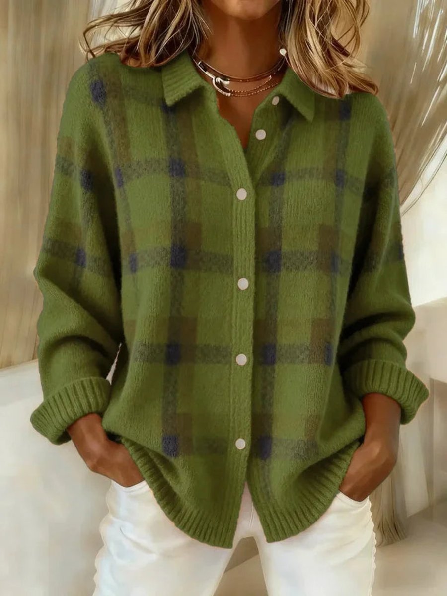 Women's Plaid Knit Button-Up Loose-Fit Knit Cardigan – view 7