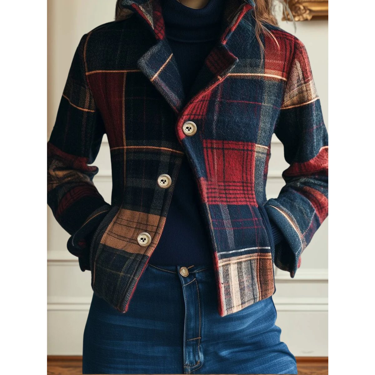 Women's Plaid Patchwork Single-Breast Wool-Blend Jacket for Layering – view 1