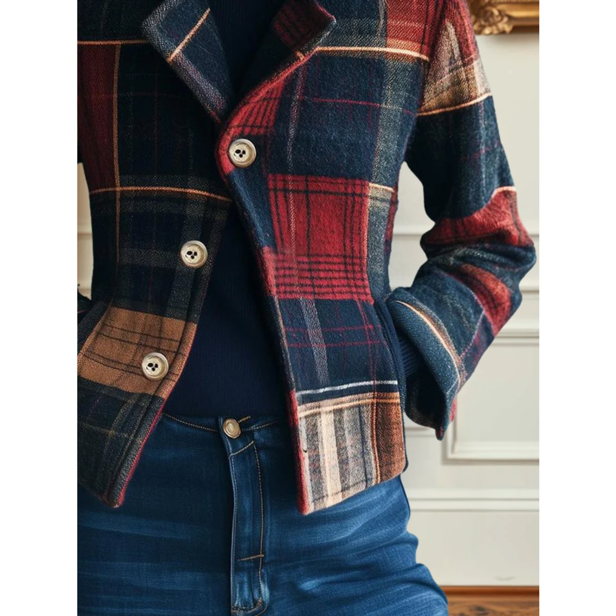 Women's Plaid Patchwork Single-Breast Wool-Blend Jacket for Layering – view 3