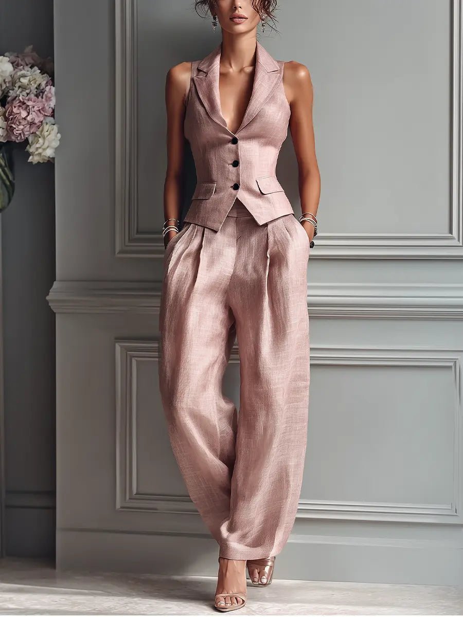 Women's Pleat-Detail Linen Vest and Pants Set – Light Pink