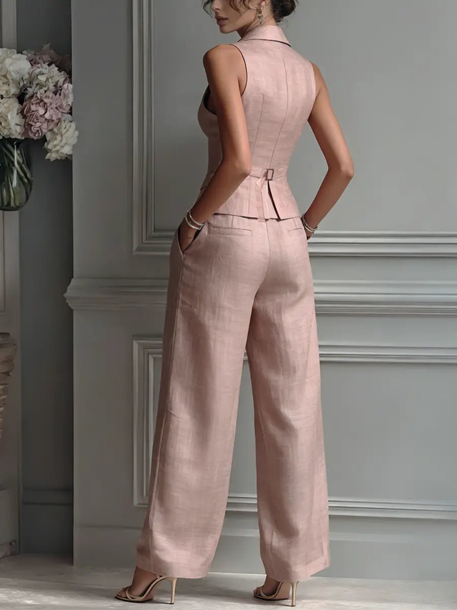 Women's Pleat-Detail Linen Vest and Pants Set – view 4