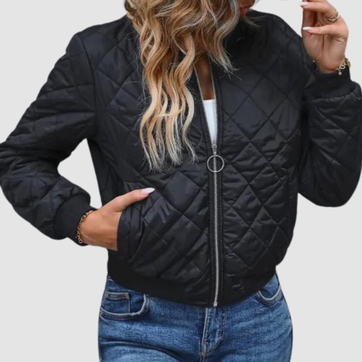 Women's Padded Diamond-Stitch Crop-Length Bomber Jacket – Black