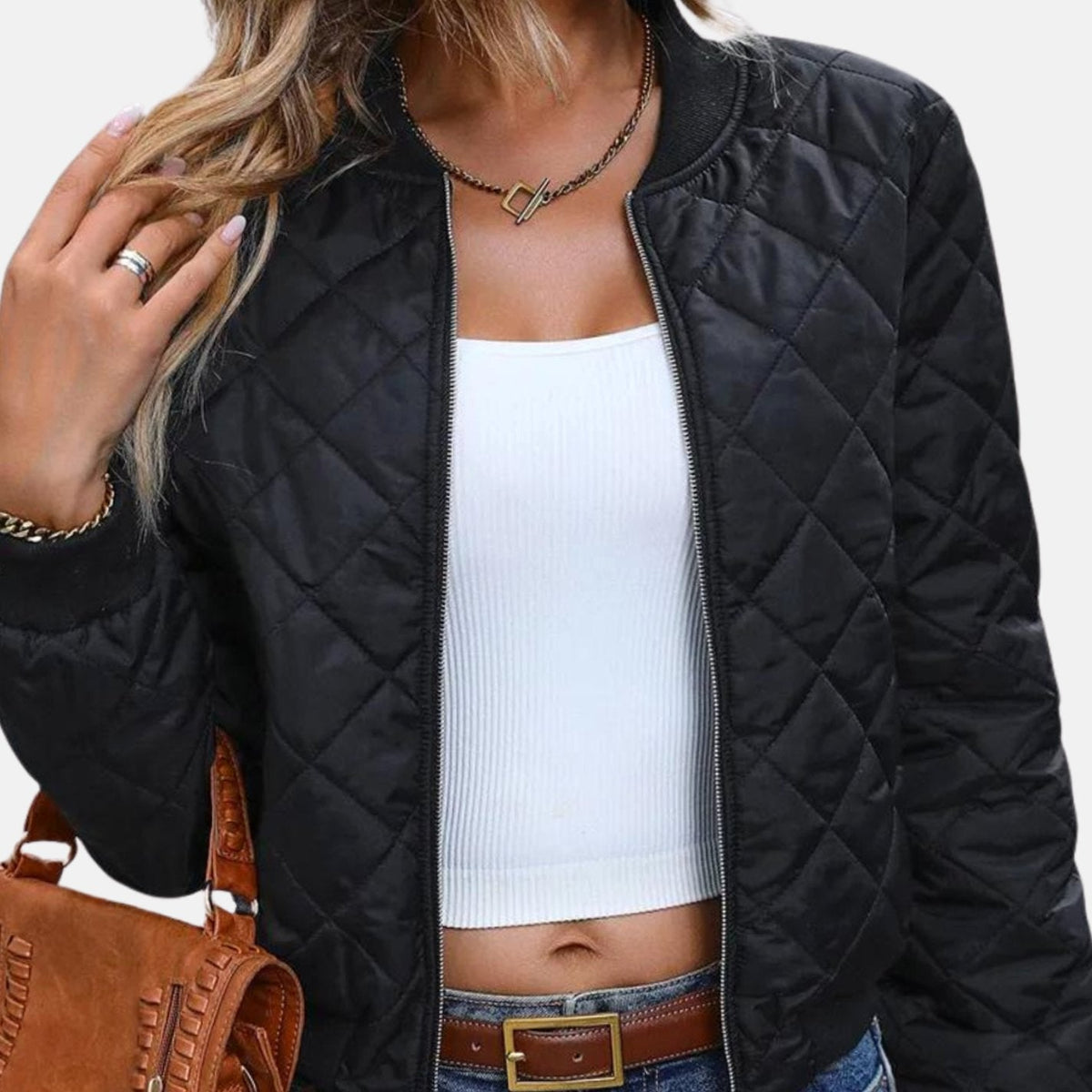 Women's Padded Diamond-Stitch Crop-Length Bomber Jacket – view 3