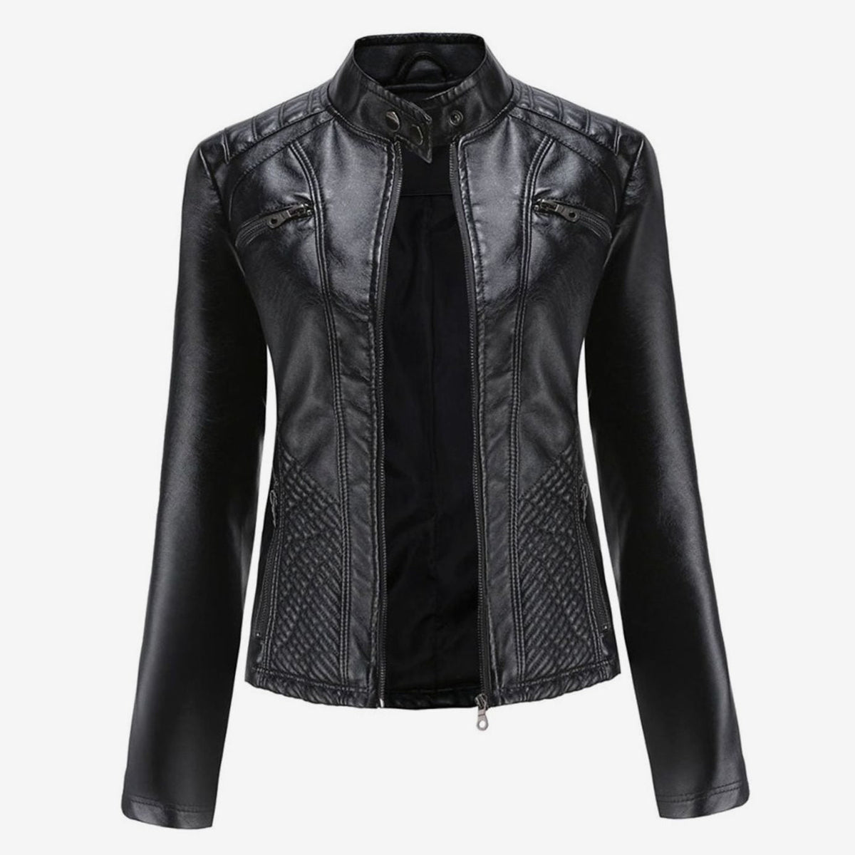Women's Padded Leather-Look Biker Jacket – Black
