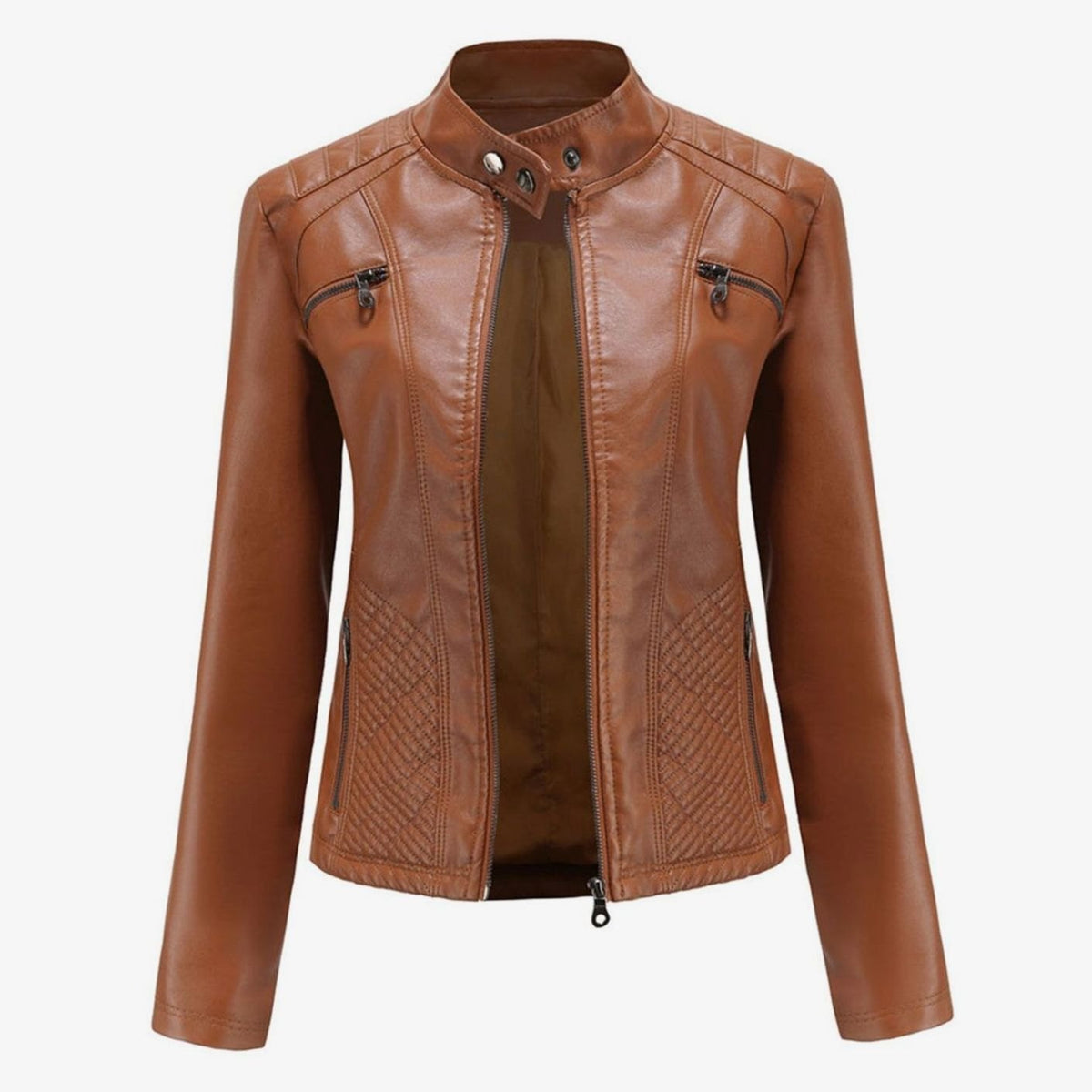 Women's Padded Leather-Look Biker Jacket – Camel