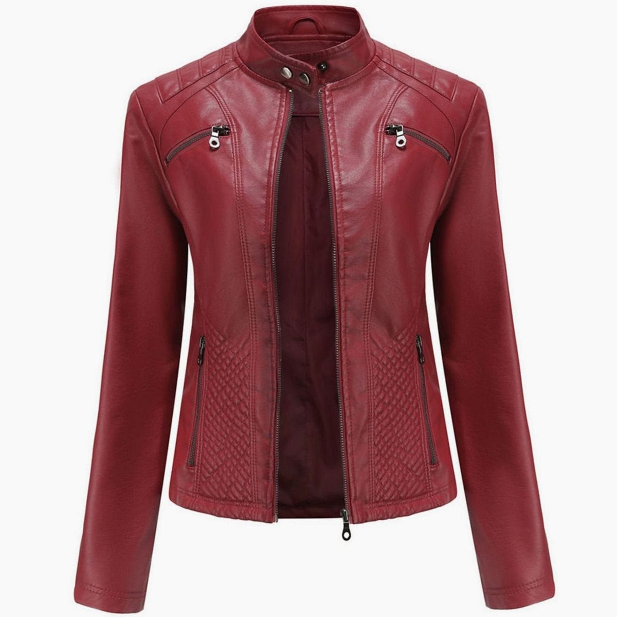 Women's Padded Leather-Look Biker Jacket – Burgundy