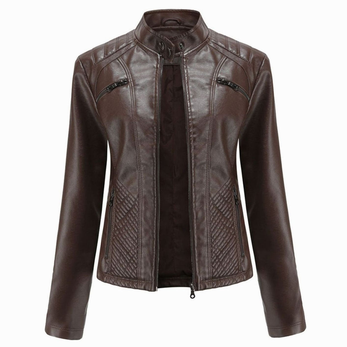Women's Padded Leather-Look Biker Jacket – Coffee
