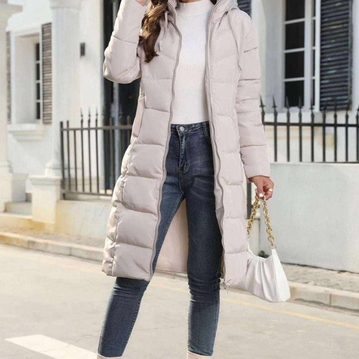 Women's Long Padded Hood-Detail Puffer Coat – Beige