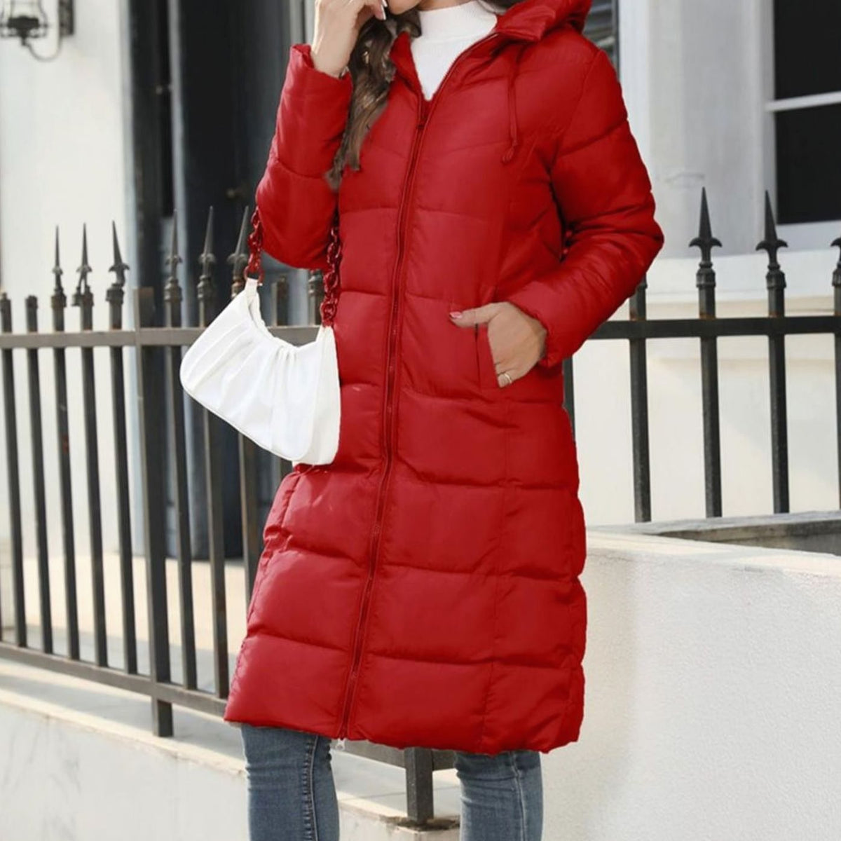 Women's Long Padded Hood-Detail Puffer Coat – Red