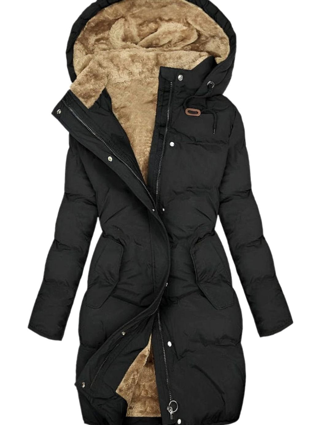 Women's Padded Hood-Detail Fleece-Backed Parka – Black