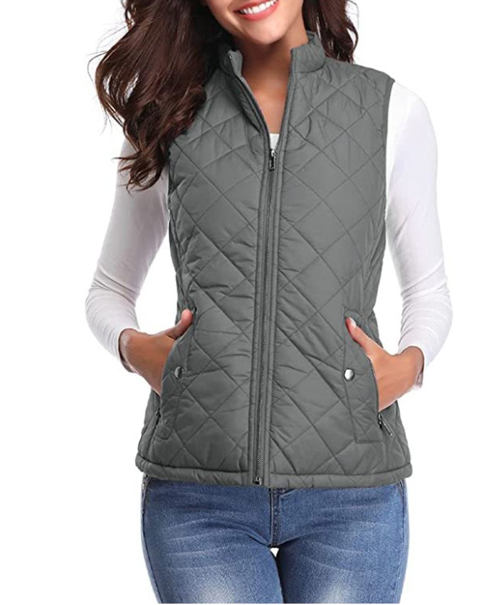 Women's Snap-Pocket Padded Puffer Vest – Gray