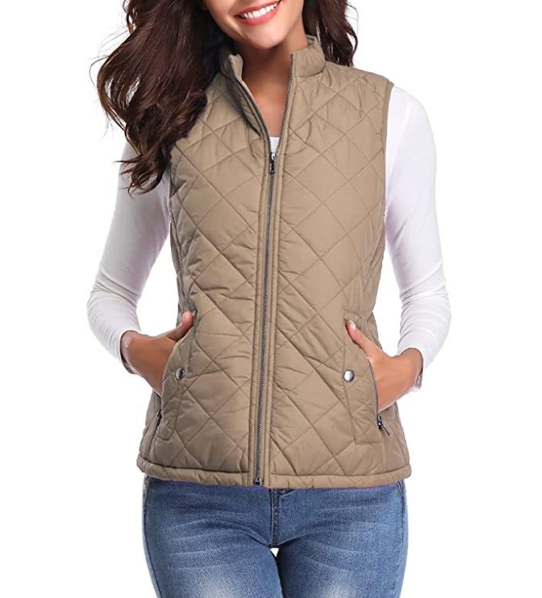 Women's Snap-Pocket Padded Puffer Vest – Light Mocha
