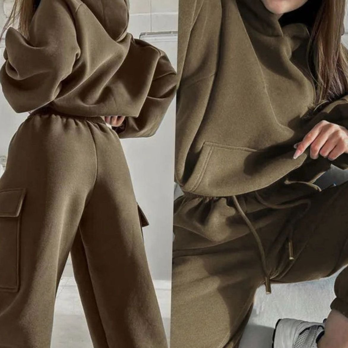 Women's Relaxed-Fit Cargo Pocketed Hoodie Jogger Set – Khaki
