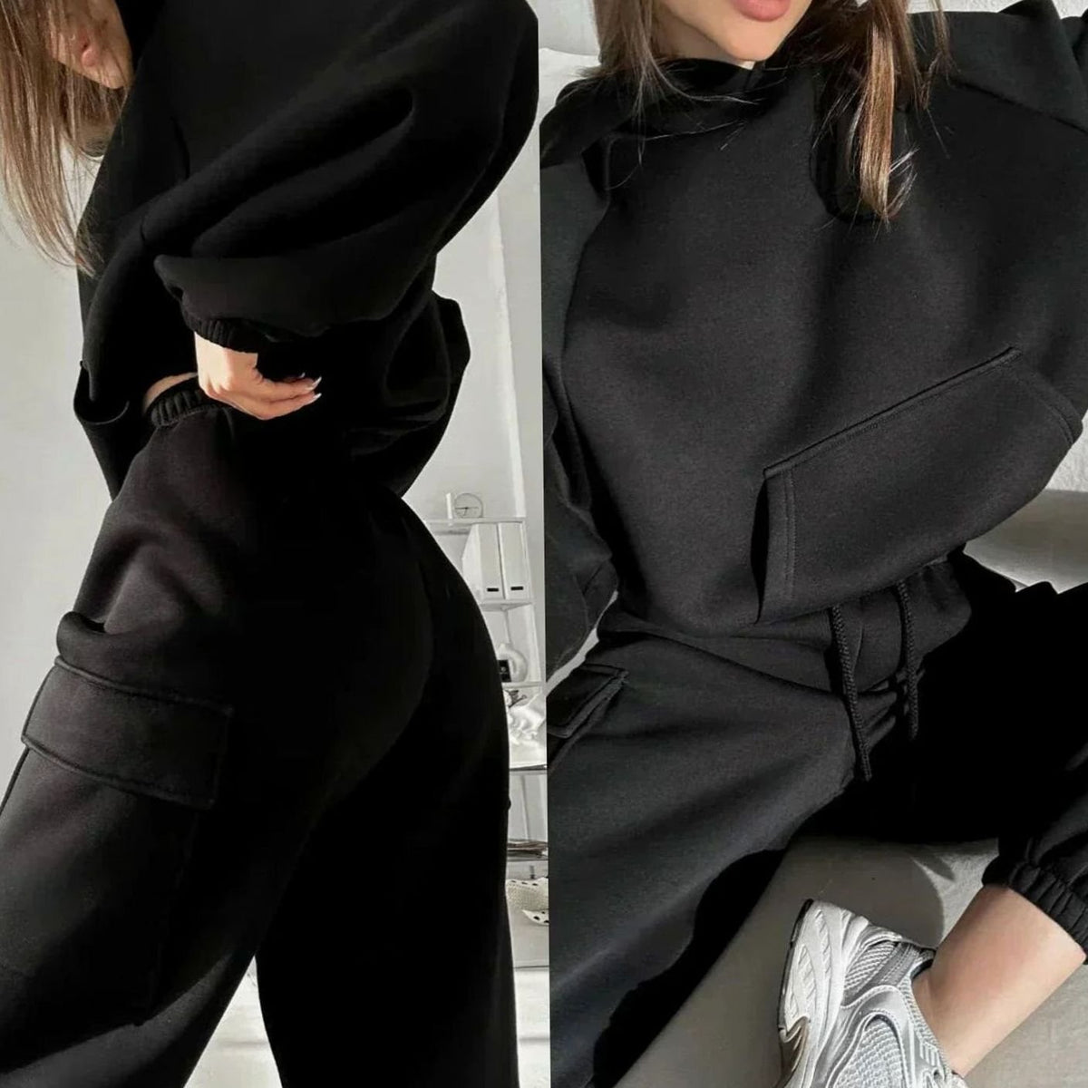 Women's Relaxed-Fit Cargo Pocketed Hoodie Jogger Set – Black