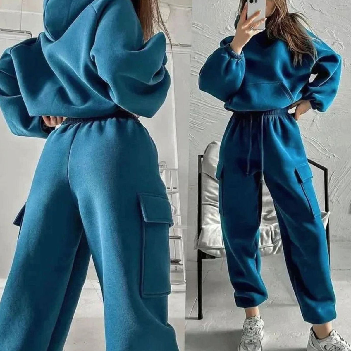 Women's Relaxed-Fit Cargo Pocketed Hoodie Jogger Set – Blue