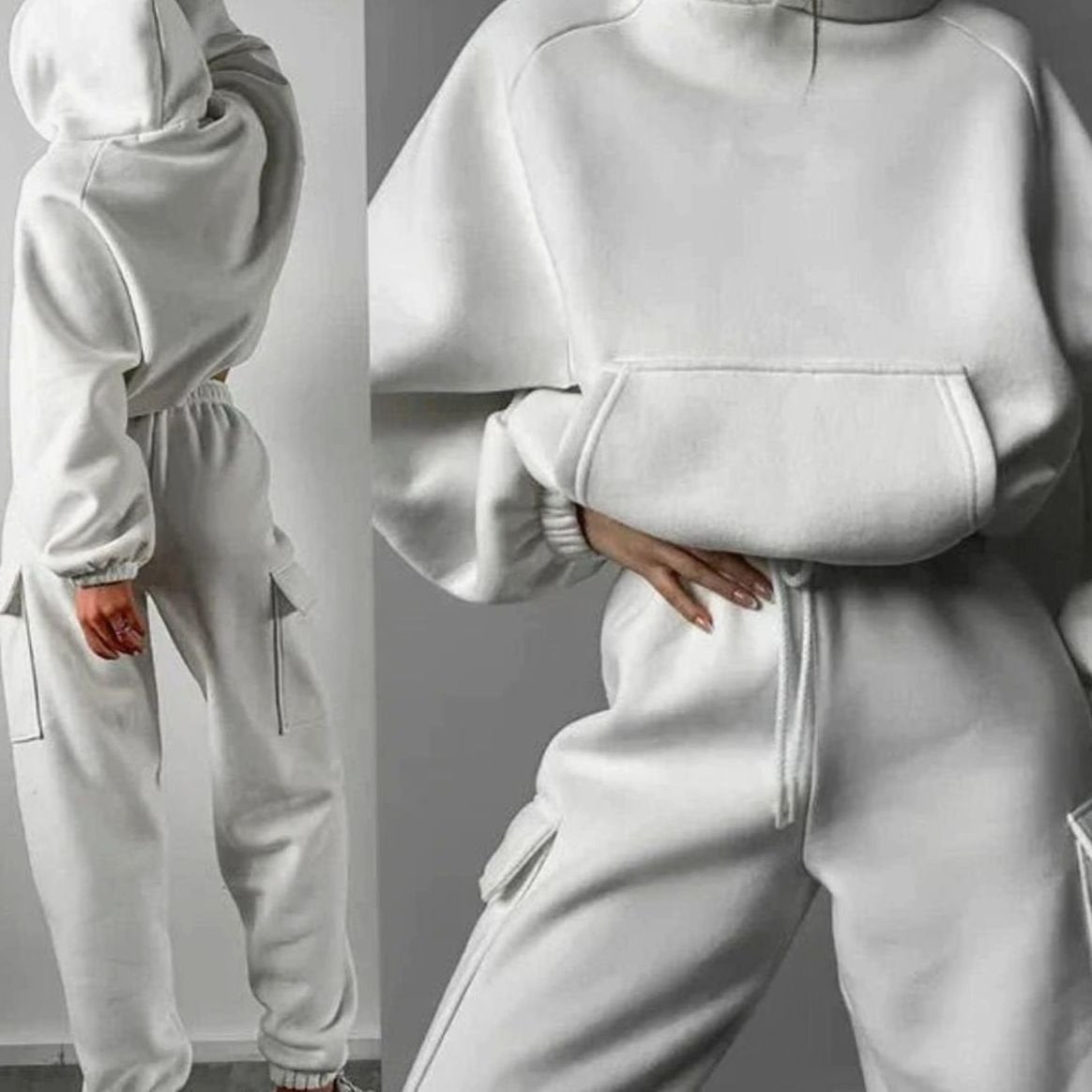 Women's Relaxed-Fit Cargo Pocketed Hoodie Jogger Set – White