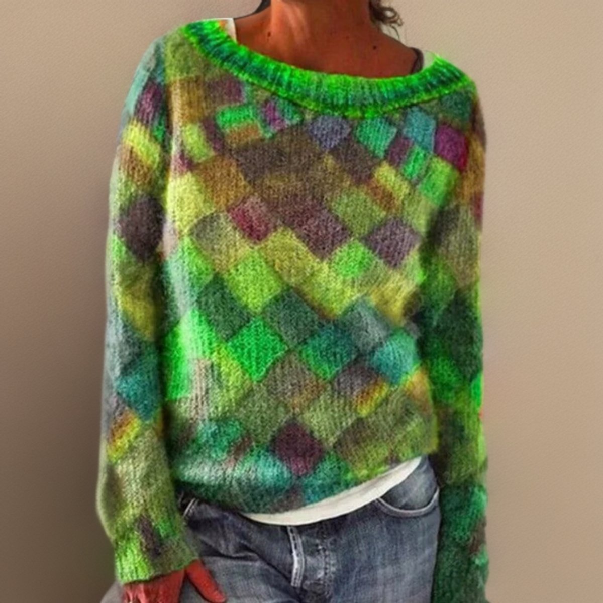 Women's Colorblock Argyle Knit Pullover – Green