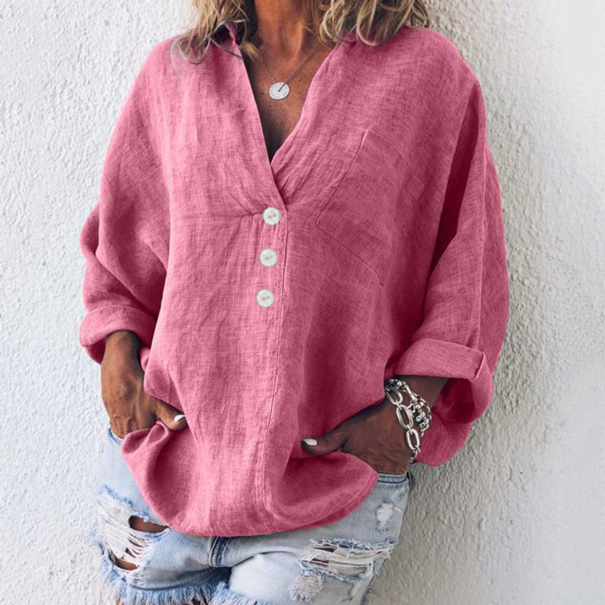 Women's Loose-Fit Cotton Linen V-Neckline Knit Pullover – Pink