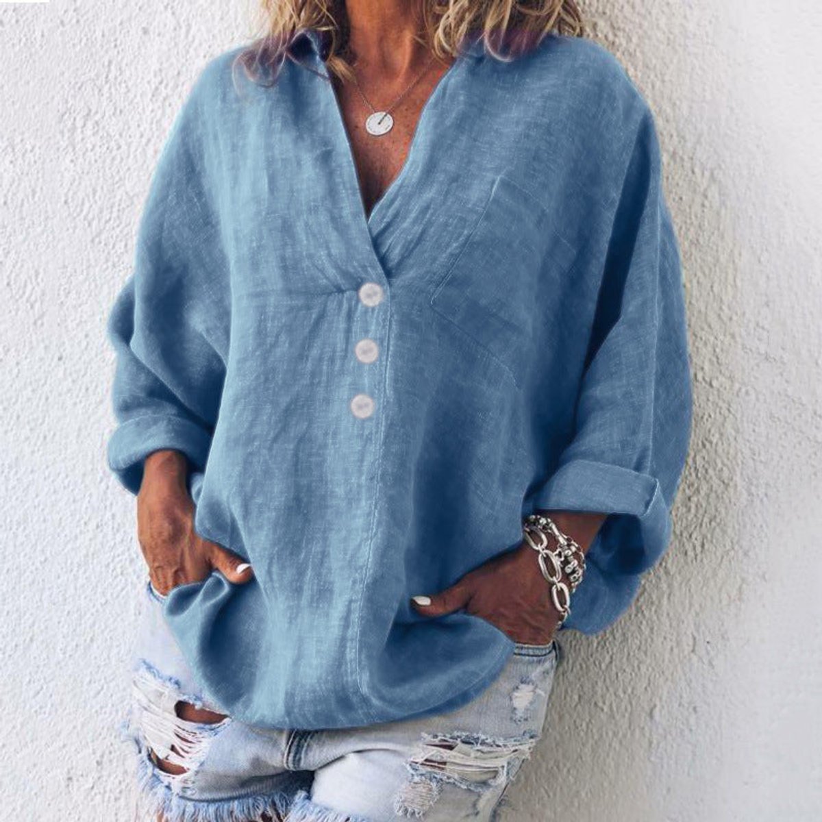 Women's Loose-Fit Cotton Linen V-Neckline Knit Pullover – view 2