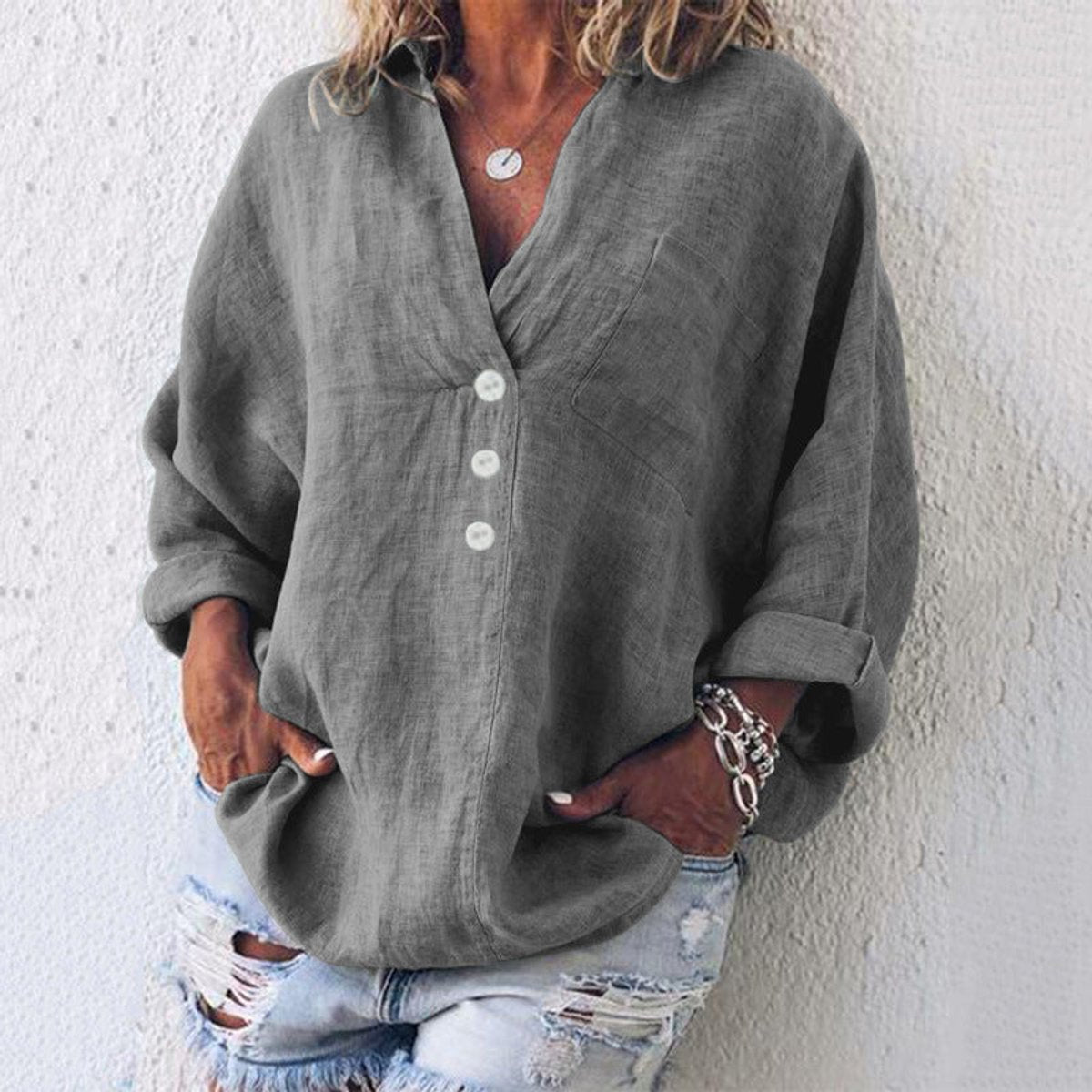 Women's Loose-Fit Cotton Linen V-Neckline Knit Pullover – Gray