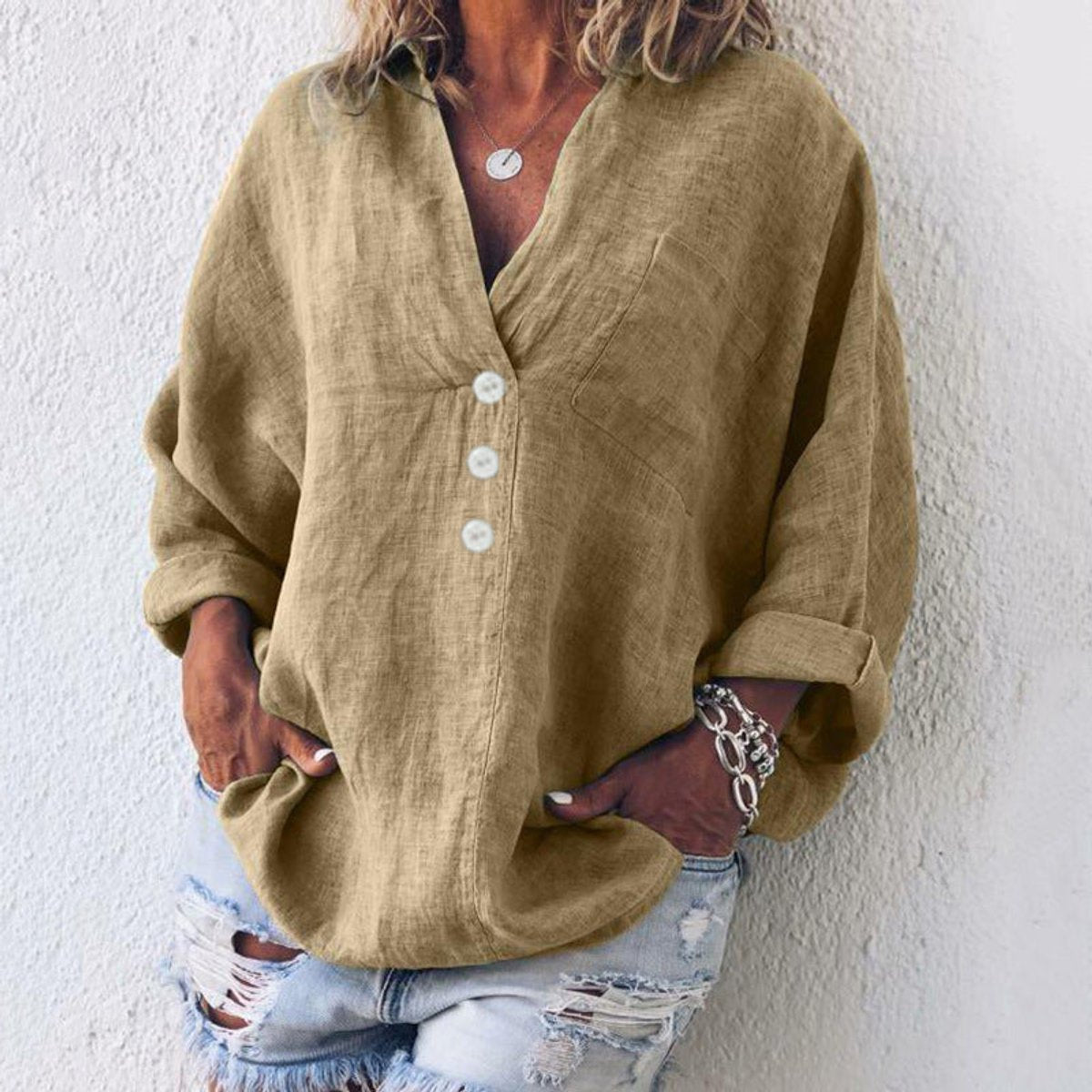 Women's Loose-Fit Cotton Linen V-Neckline Knit Pullover – Khaki