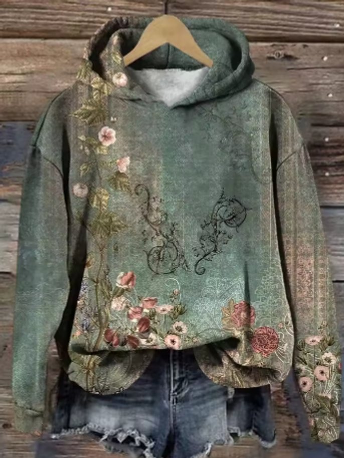 Women's Loose-Fit Flower-Print Hood-Detail Knit Pullover – One Color