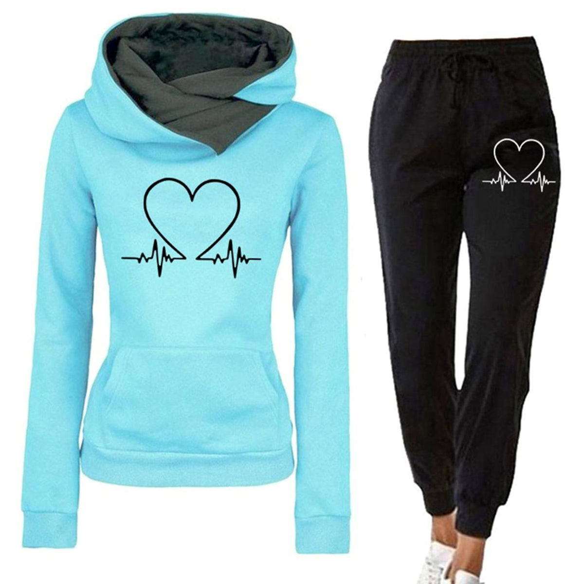 Women's Heart Graphic Hoodie and Jogger Set for Travel – Blue