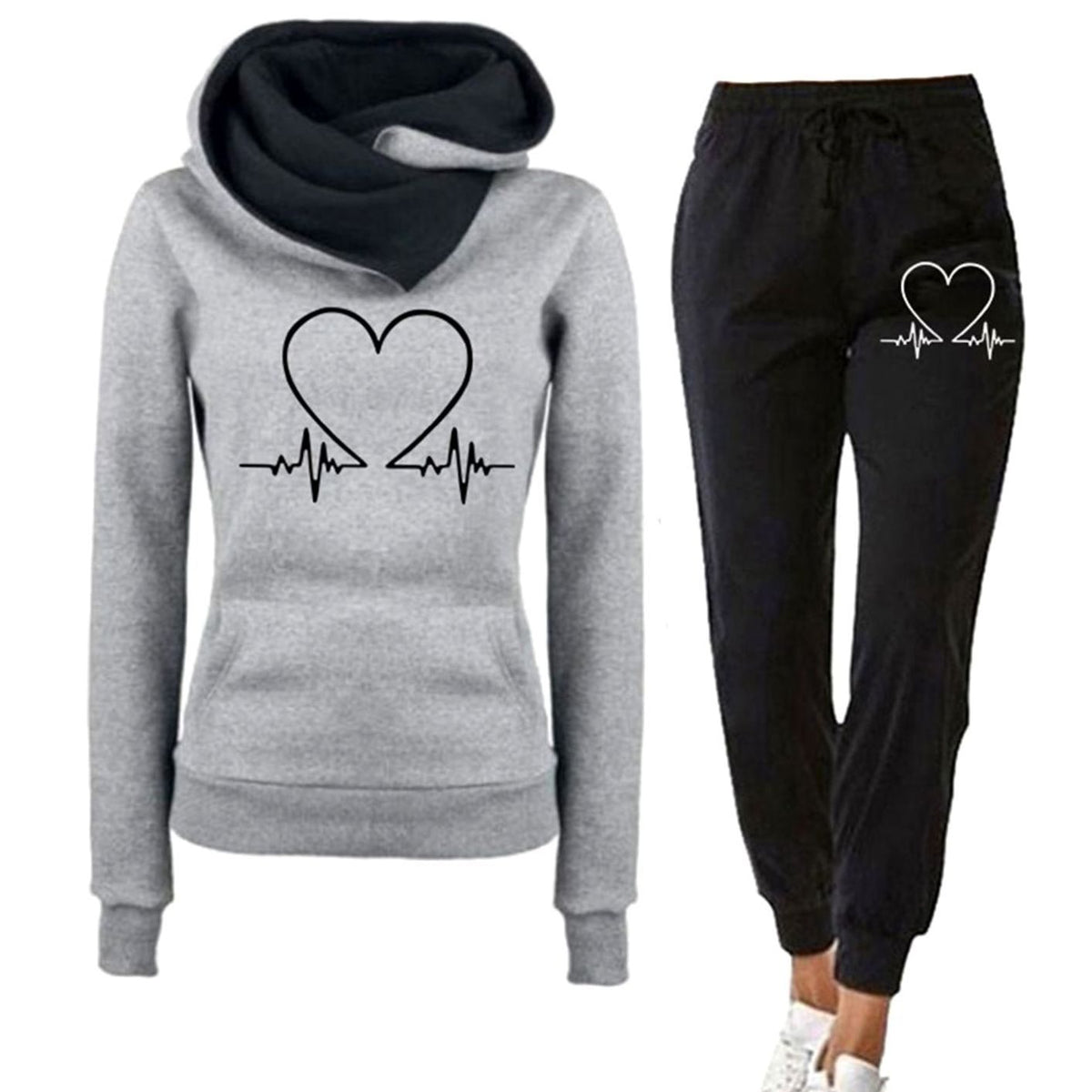 Women's Heart Graphic Hoodie and Jogger Set for Travel – Gray