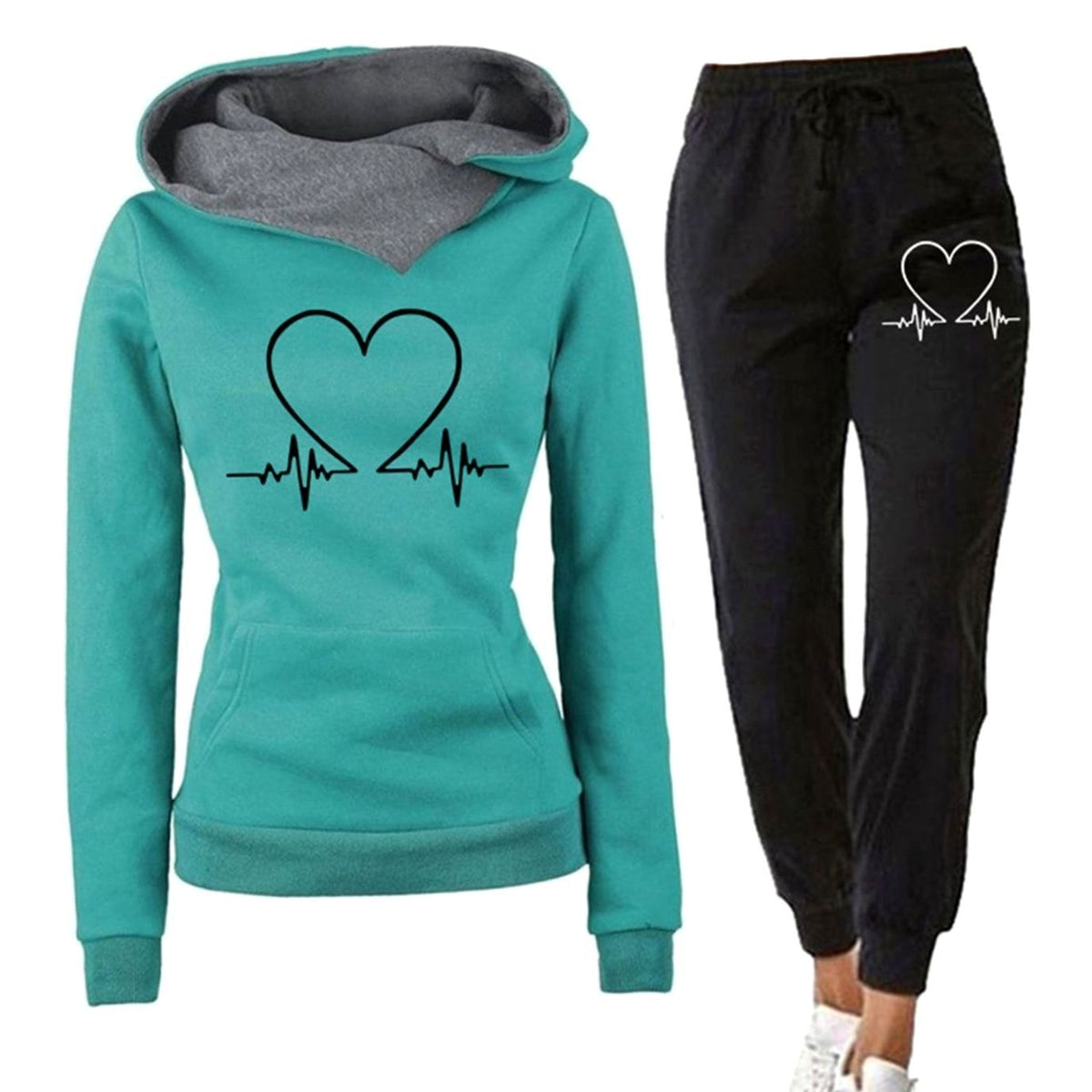 Women's Heart Graphic Hoodie and Jogger Set for Travel – Green
