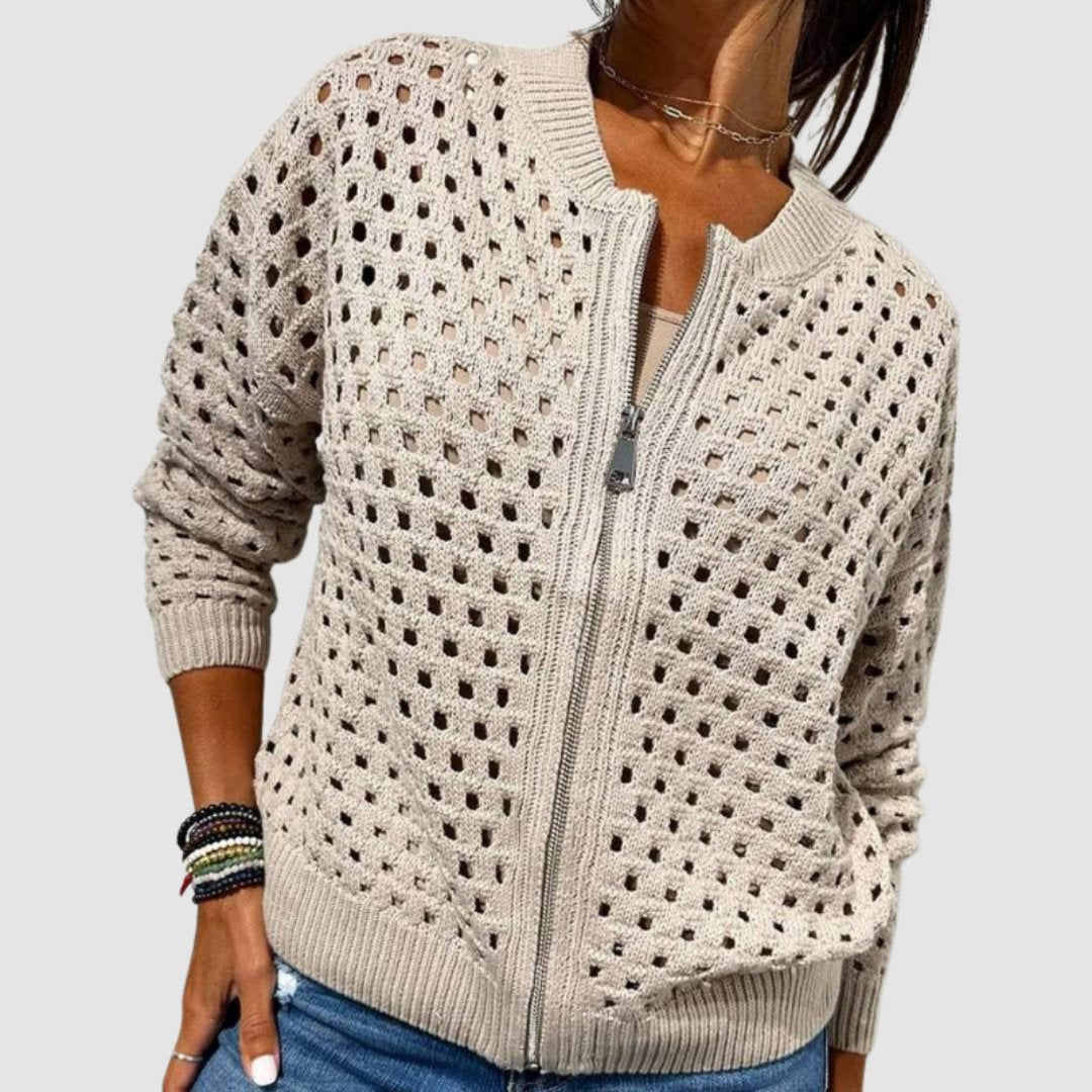 Women's Easy-Fit Open-Knit Full-Zip Knit Cardigan – Beige