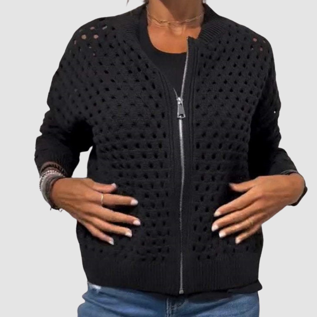 Women's Easy-Fit Open-Knit Full-Zip Knit Cardigan – Black