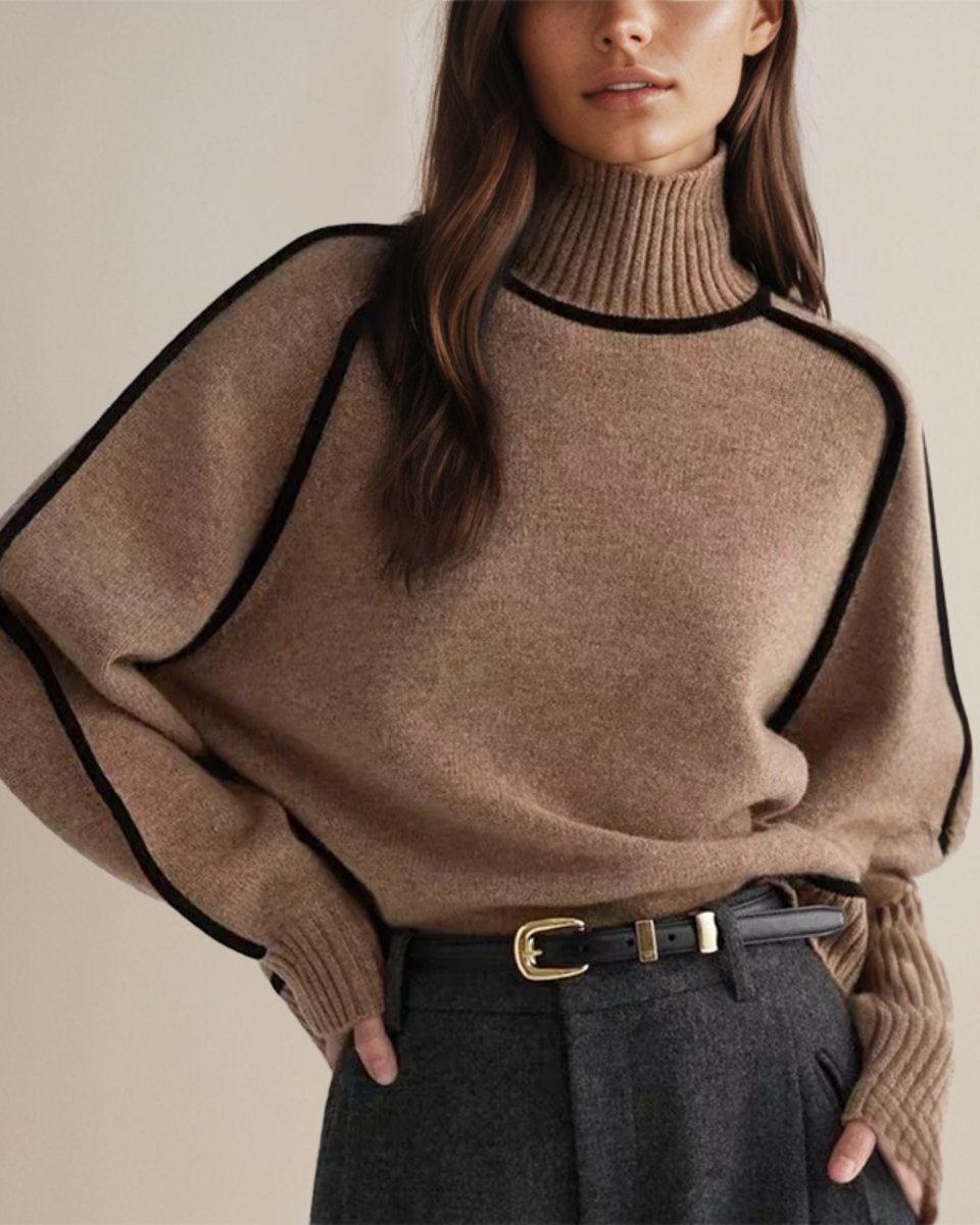 Women's Oversized Lantern-Sleeve Knit Roll-Neck Pullover – Brown