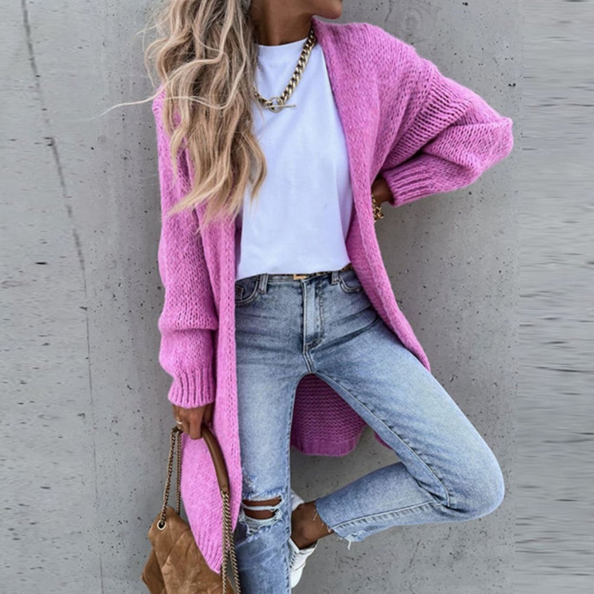 Women's Long Open-Style Easy-Fit Knit Cardigan – Pink