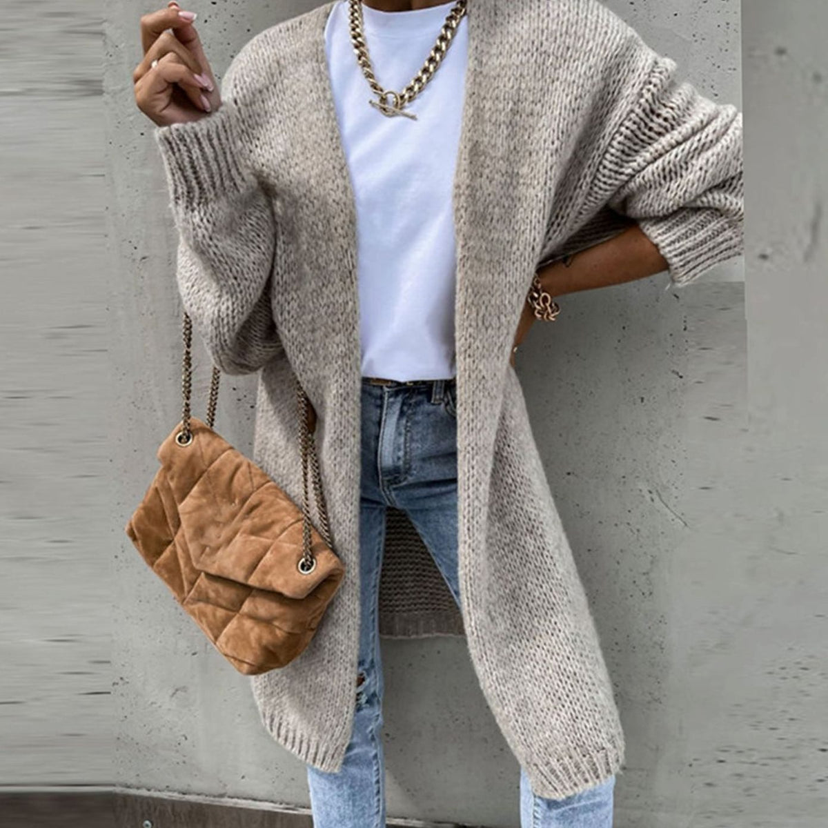 Women's Long Open-Style Easy-Fit Knit Cardigan – Beige