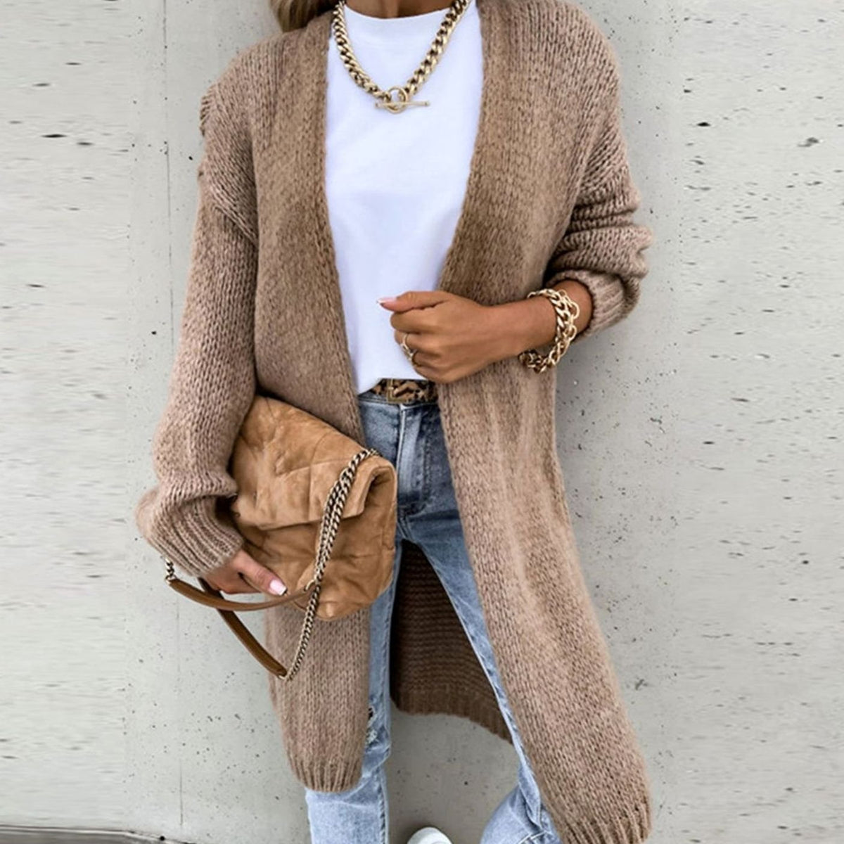 Women's Long Open-Style Easy-Fit Knit Cardigan – Khaki