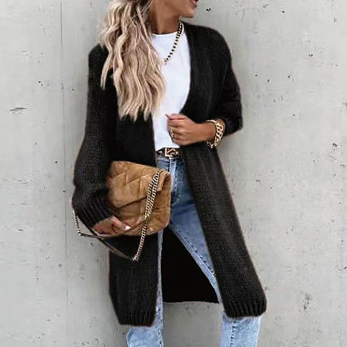Women's Long Open-Style Easy-Fit Knit Cardigan – Black