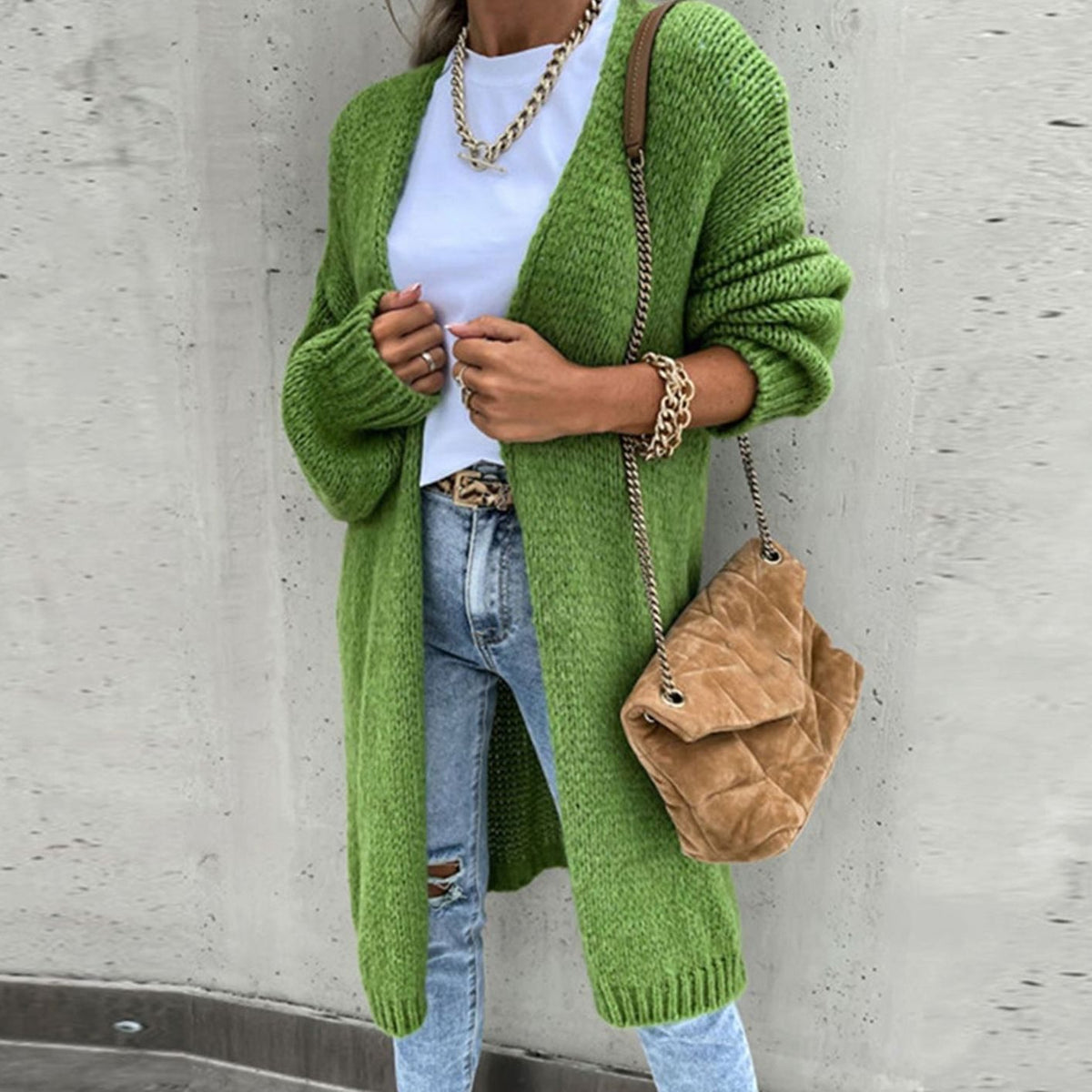 Women's Long Open-Style Easy-Fit Knit Cardigan – Green